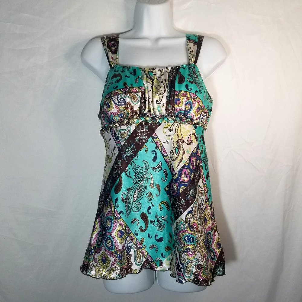 Vtg Y2K IZ Byer California Womens M Tank Camisole Paisley Top Brown Blue Yellow
